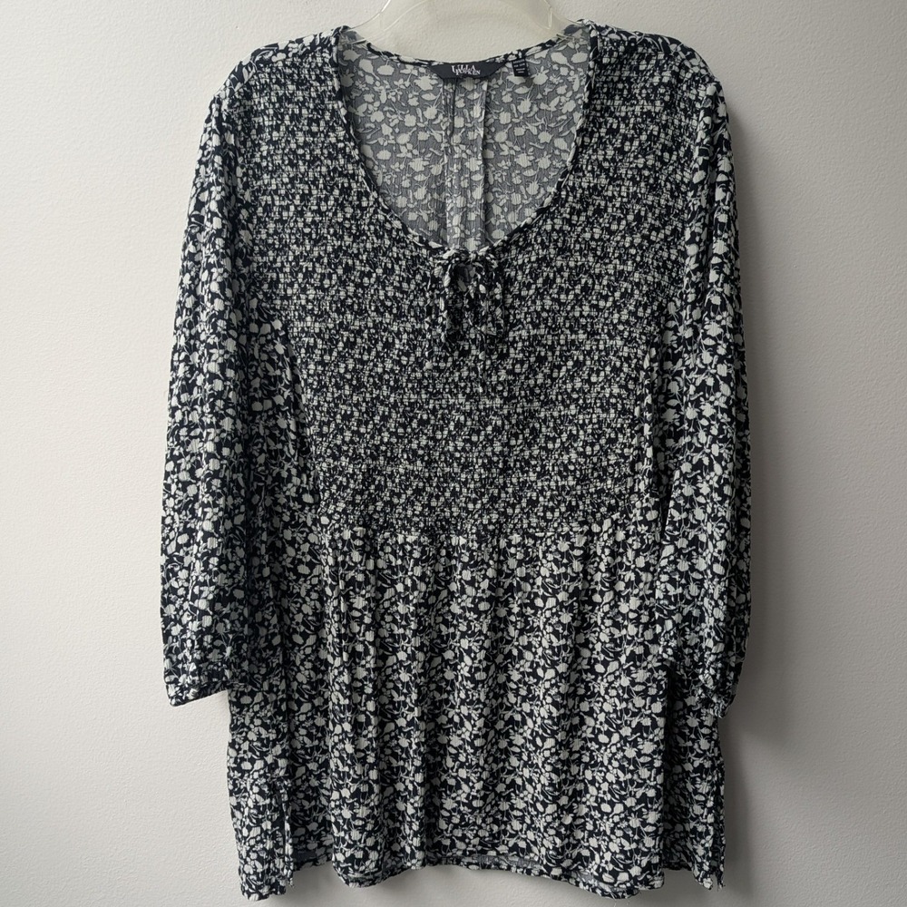 Ulla Popken Tunic Top Black White Floral Smocked V-Neck Sz 12/14 Peasant Boho